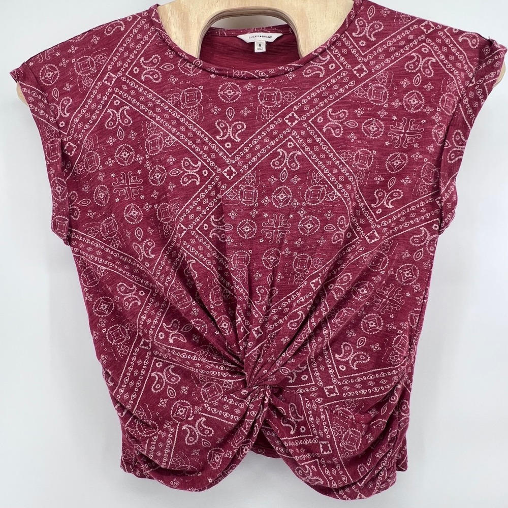 Lucky Brand Womens Bandana Paisley Twist Front Knit Top Medium Red